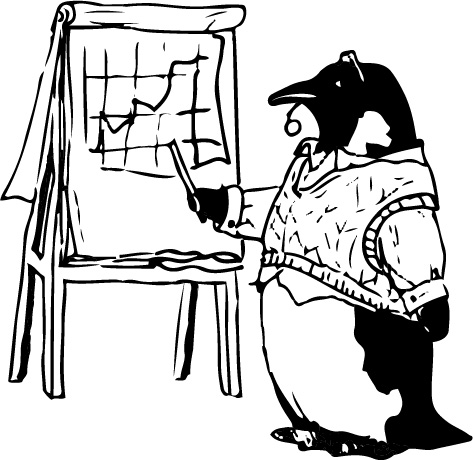 Cartoon penguin wearing business casual clothes gives important business presentation